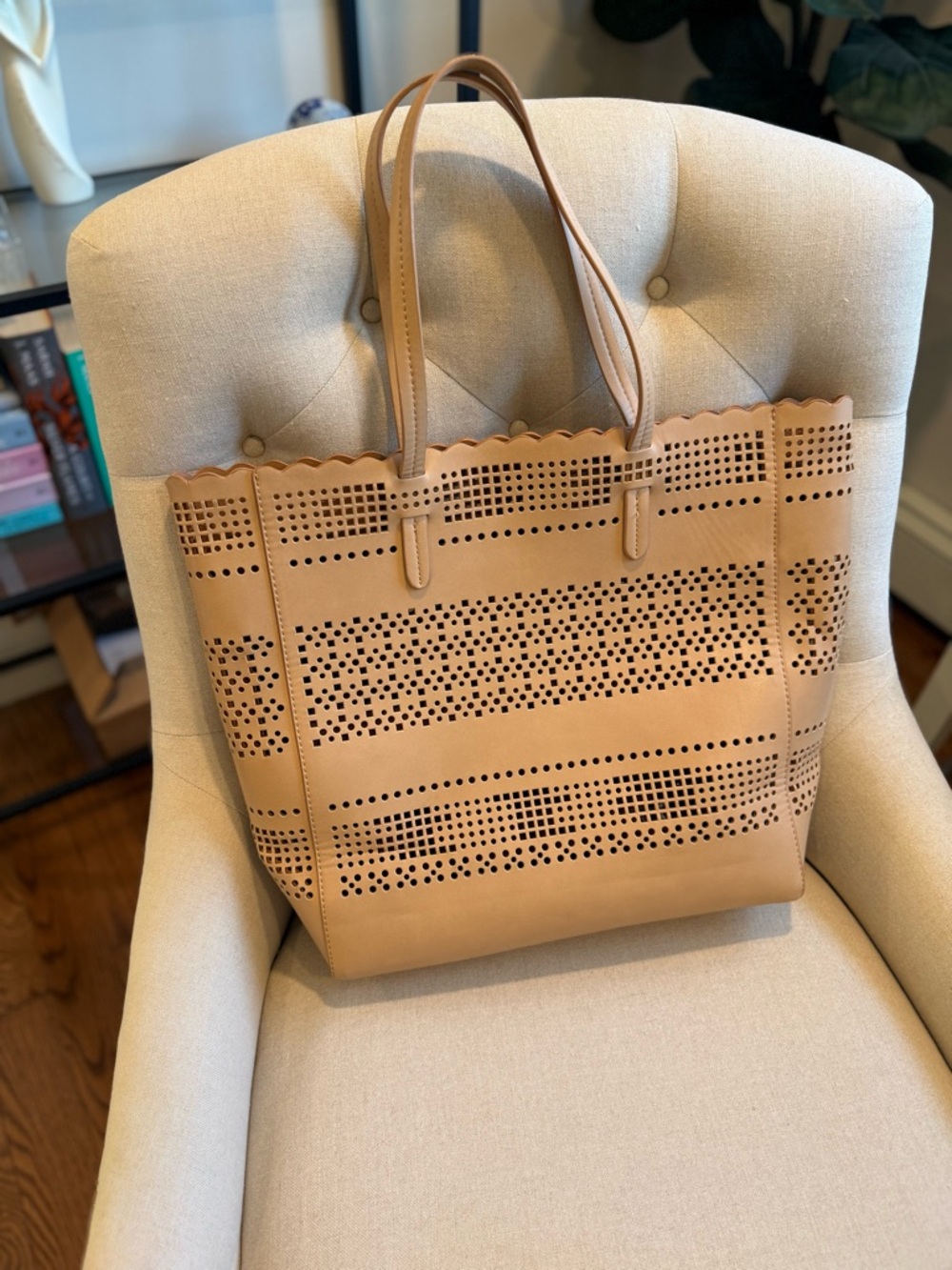 Perforated Faux Leather Tote Bag in Tan